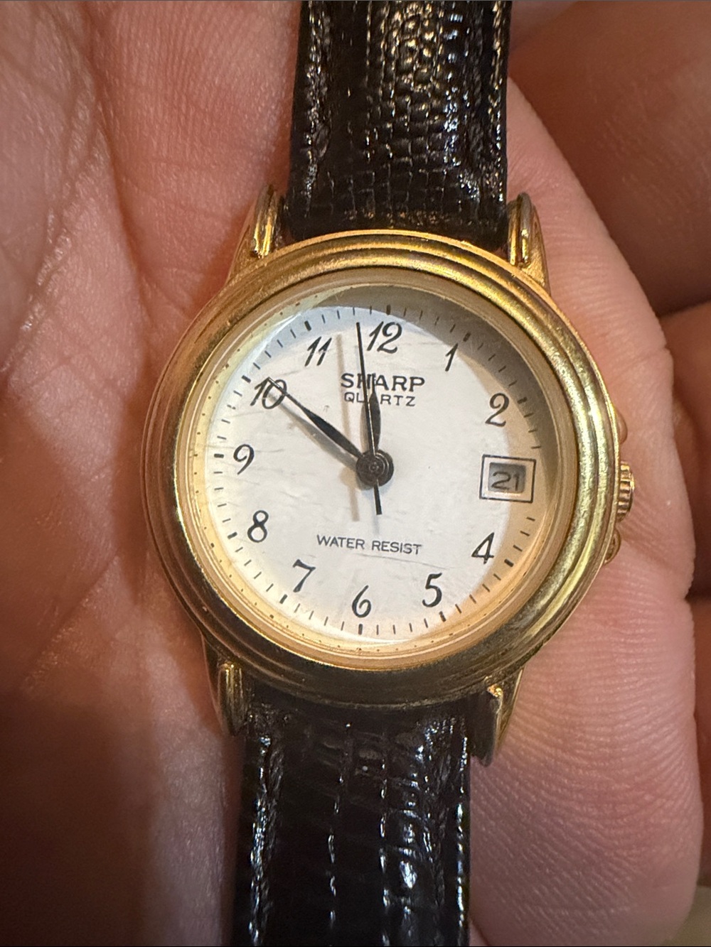 Sharp Quartz Women's Gold-Tone Watch with Black Leather Strap